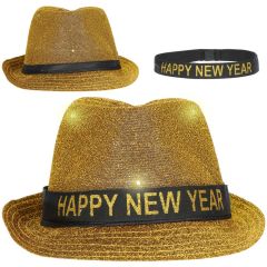 Trilby Hoed Happy New Year LED - goud