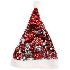 Kerstmuts Omkeerbaar met Pailletten - rood/zilver