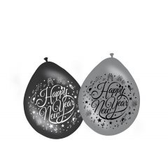 Happy New Year Ballonnen Zwart-Zilver 30cm - 8 stuks