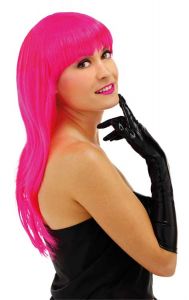 Pruik lang haar pony roze