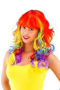 Pruik lang haar krul pony regenboog