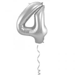 Folieballon Cijfer 4 Zilver - 86cm