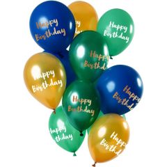 Ballonnen Happy Birthday Mix Groen/Goud - 12stk