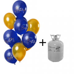 Helium Tank + Ballonnen set Elegant True Blue Happy Birthday - 12stk