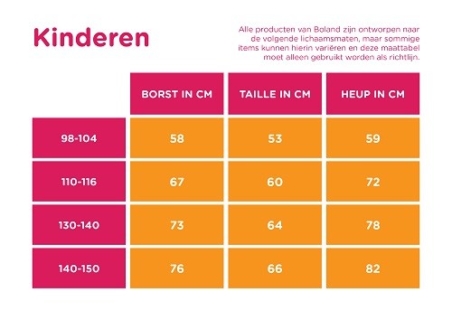 kiem Gunst Infrarood Maattabellen per leverancier | Feestwinkel.nl